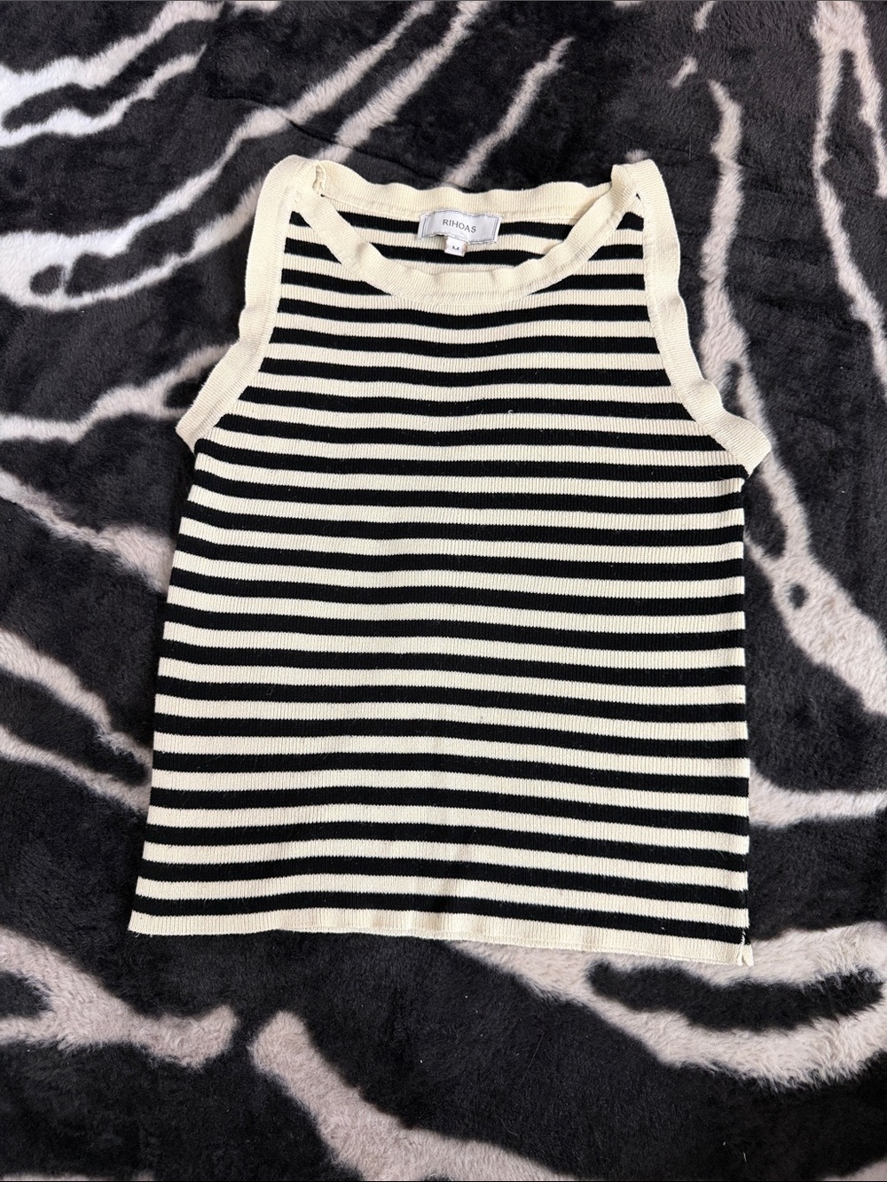 RIHOAS Black & Cream Striped Ribbed Tank